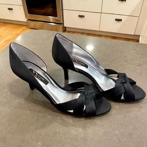 New Nina Satin Black Woven Open Toe Heels